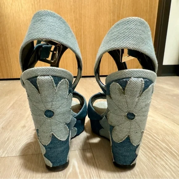 Roger Vivier Denim Floral Wedge Platform Sandals - Picture 6 of 11